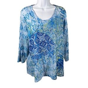 CHICO’S Women’s Sz 3(XL) Blue Embellished Print Knit Top